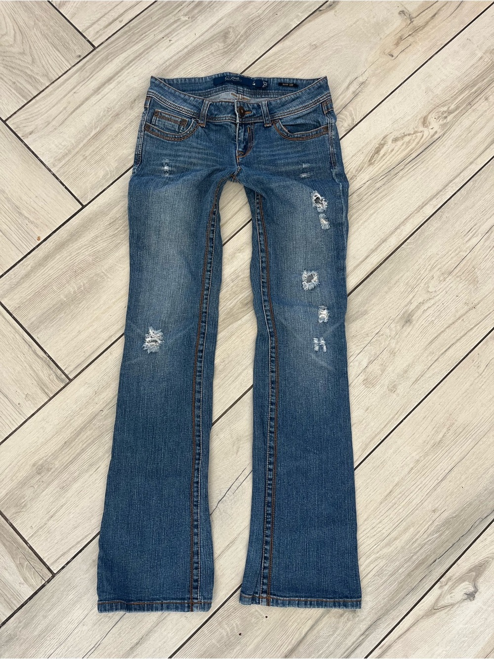 Vintage Y2K Pink Mid Rise Women's Distressed Bootcut Jeans - Blue